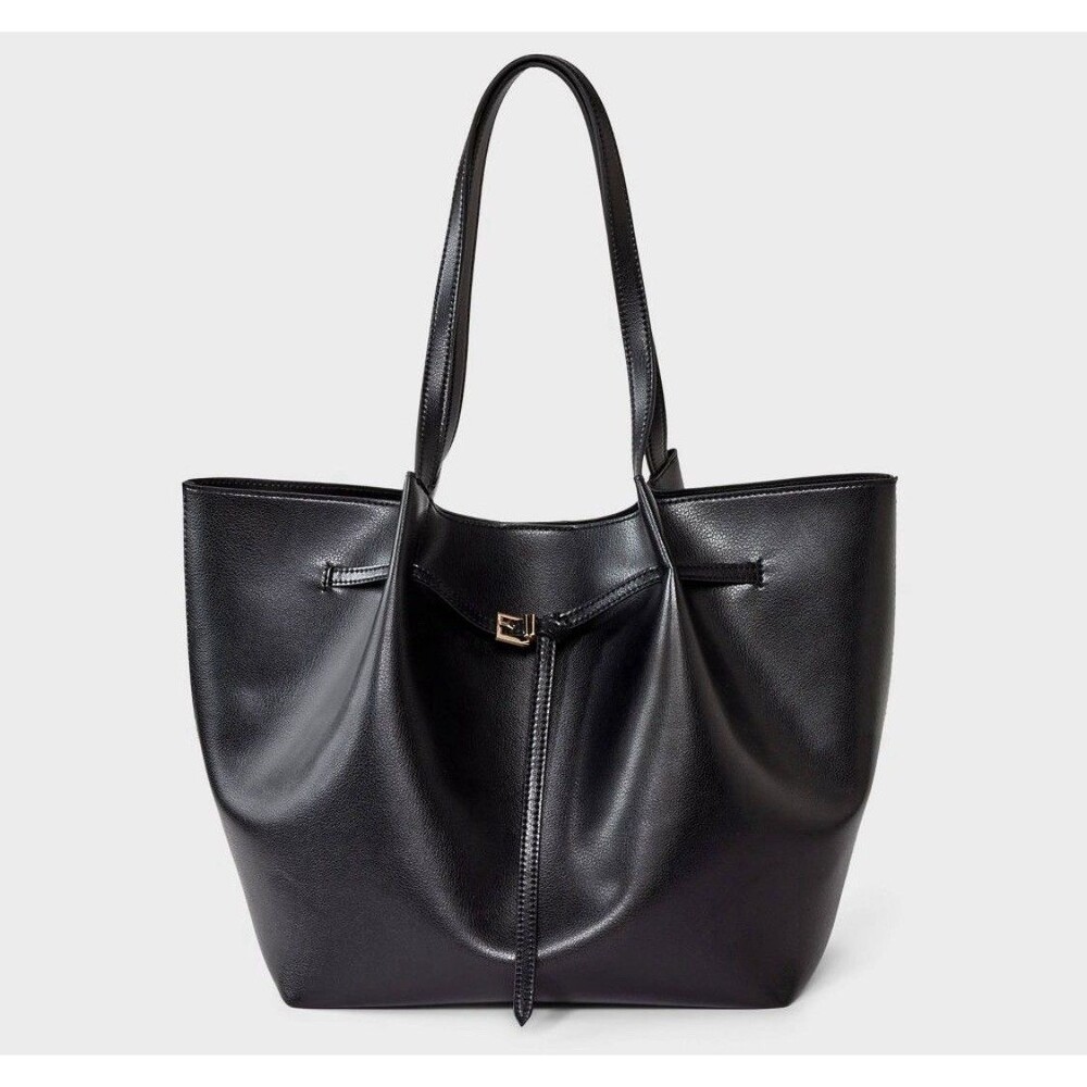 Belted Pinched Handle Tote Handbag - A New Day In Black